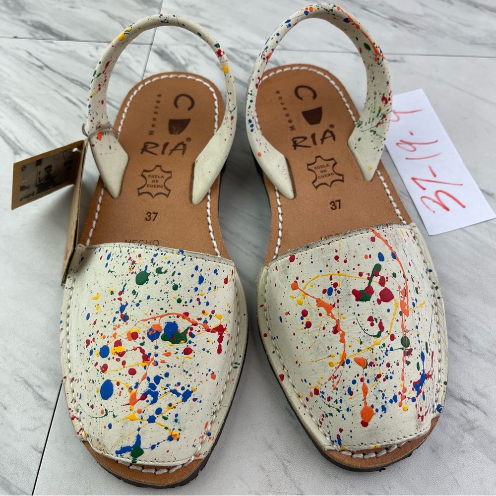Ria Menorca Women’s 37/6.5-7 Paint Splat Slingback Leather Flats Slip On Sandal